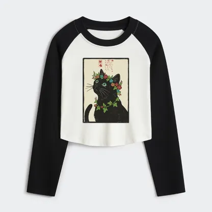 Tokyo-Tiger The Flower-Crowned Cat Women's Crop Raglan T-Shirt