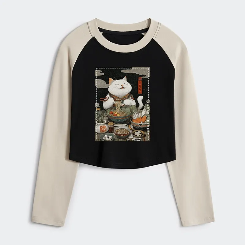 Tokyo-Tiger The Ramen-Loving Cat Women's Crop Raglan T-Shirt