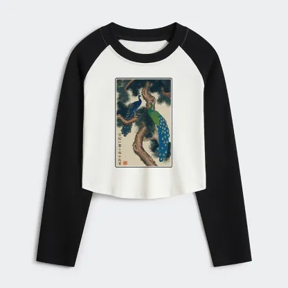 Tokyo-Tiger Peacocks in Snowy Pines Women's Crop Raglan T-Shirt