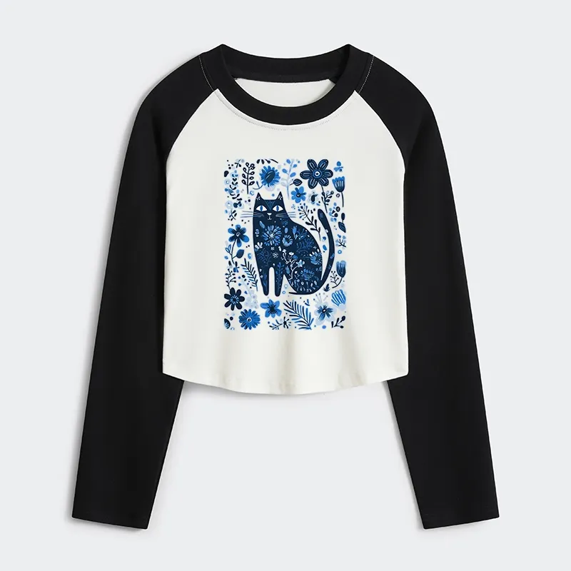 Tokyo-Tiger A Cat Among Flowers Women's Crop Raglan T-Shirt