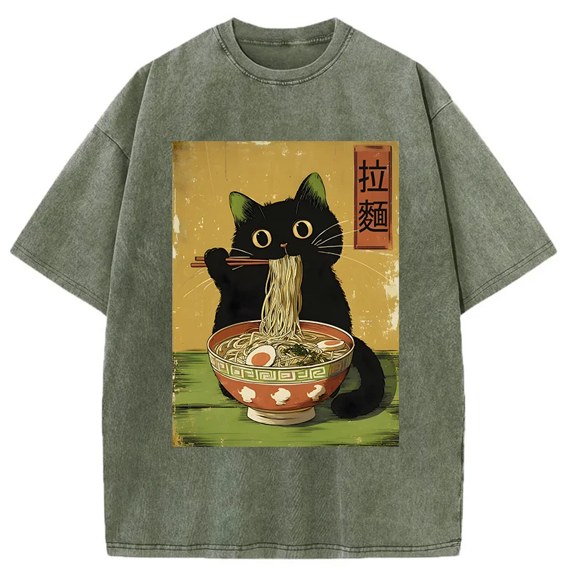 Tokyo-Tiger Vintage Japanese Cat Eating Ramen Washed T-Shirt