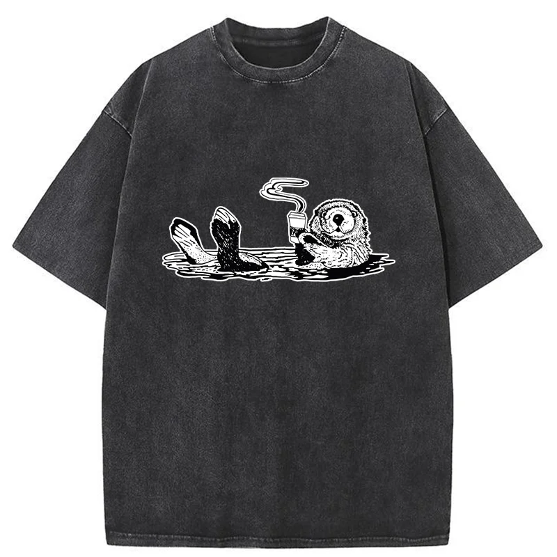 Tokyo-Tiger Otter Drinking Coffee Washed T-Shirt