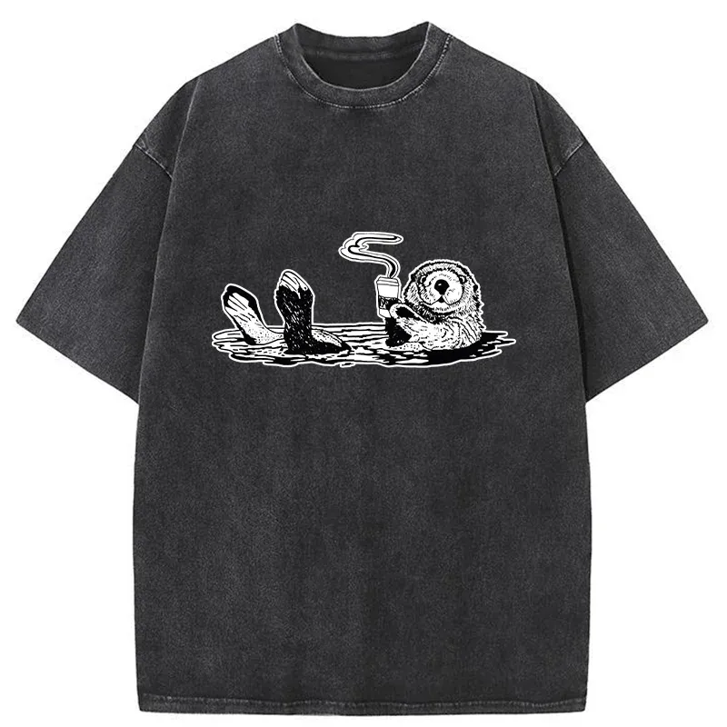 Tokyo-Tiger Otter Drinking Coffee Washed T-Shirt Sale
