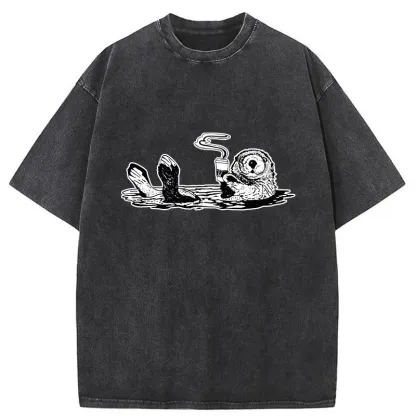 Tokyo-Tiger Otter Drinking Coffee Washed T-Shirt