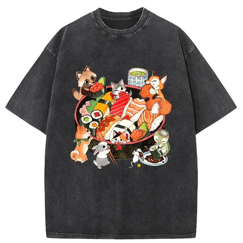 Tokyo-Tiger Sushi Animal Party Washed T-Shirt