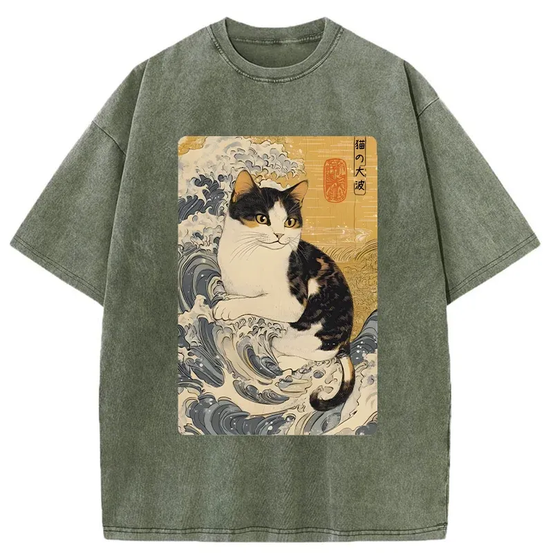 Tokyo-Tiger Surfing Cat Washed T-Shirt