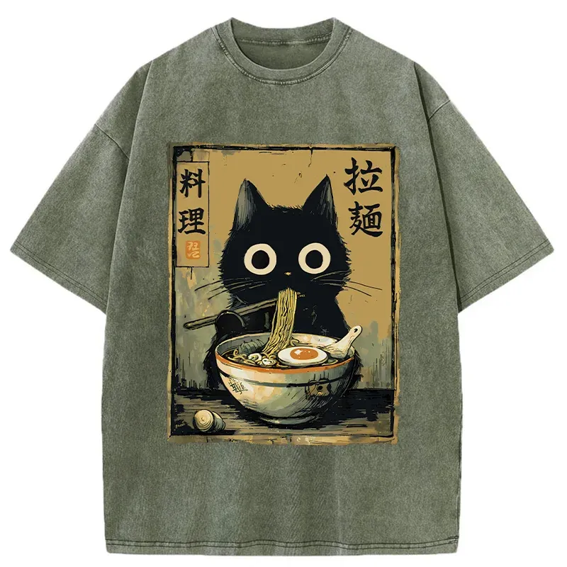 Tokyo-Tiger Cute Black Cat Eating Ramen Washed T-Shirt