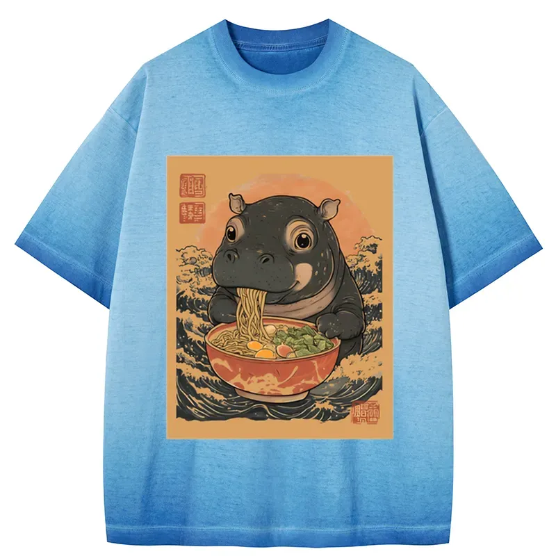 Tokyo-Tiger Moo Deng Eat Ramen Gradient Washed T-Shirt