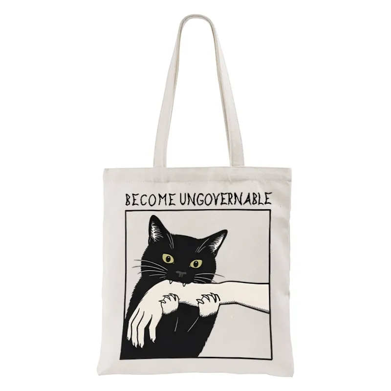 Tokyo-Tiger Black Cat Biting Tote Bag