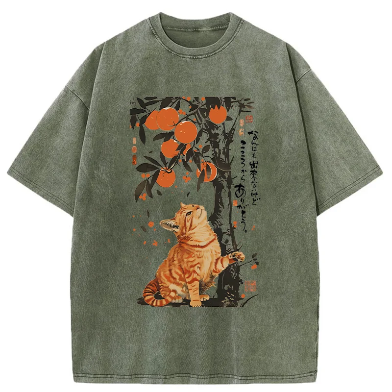 Tokyo-Tiger Orange Cat Wants To Eat Oranges Washed T-Shirt