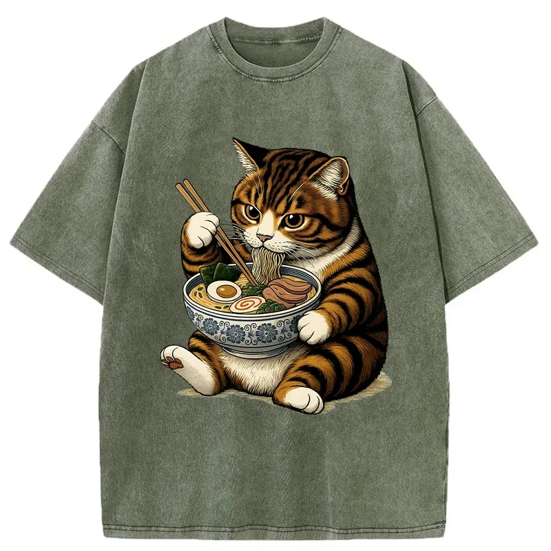 Tokyo-Tiger Tabby Cat Eats Ramen Washed T-Shirt