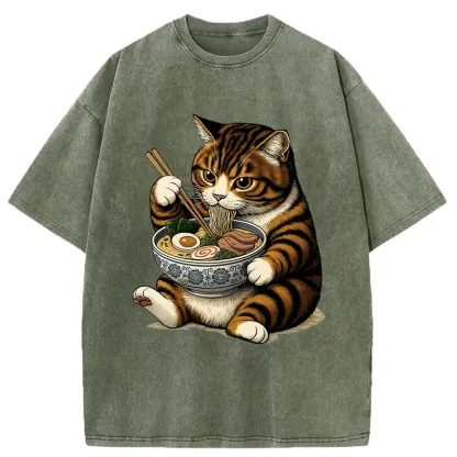 Tokyo-Tiger Tabby Cat Eats Ramen Washed T-Shirt