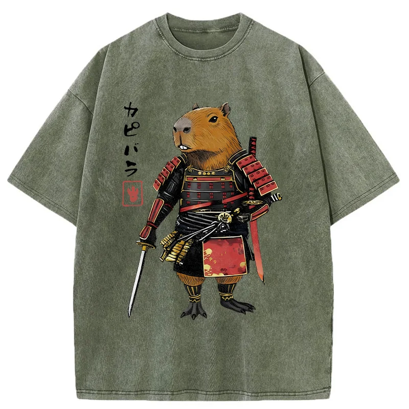 Tokyo-Tiger Capybara Samurai Wearing Armor Washed T-Shirt