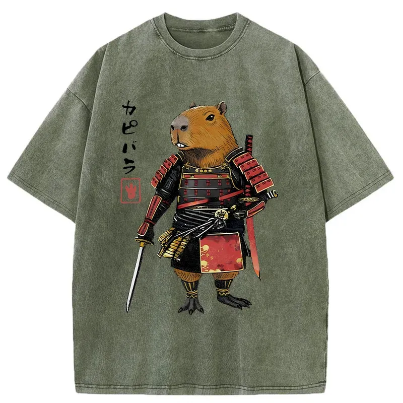 Tokyo-Tiger Capybara Samurai Wearing Armor Washed T-Shirt