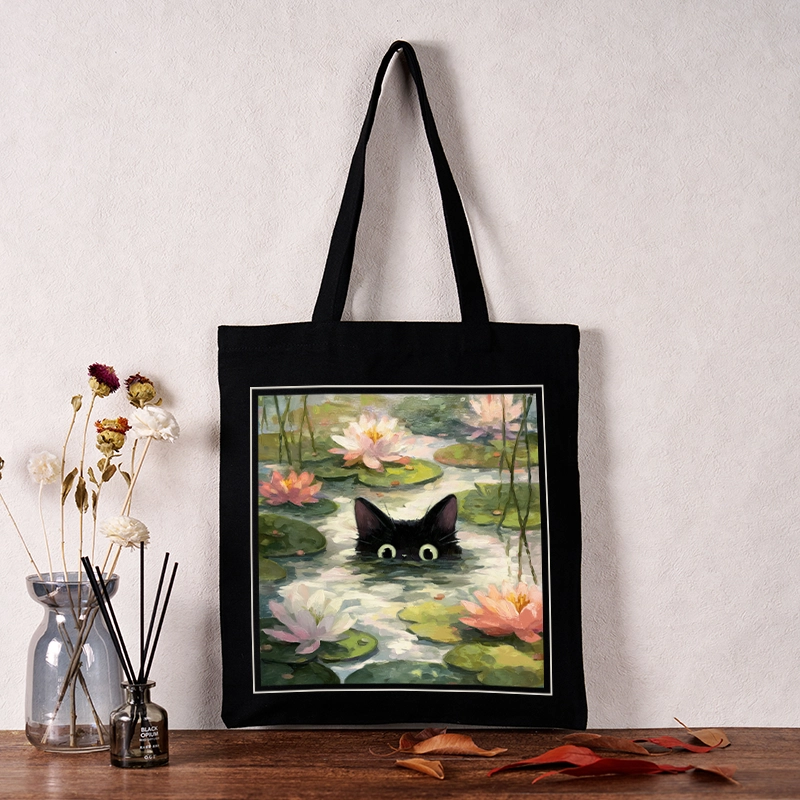 Tokyo-Tiger Black Cat and Lotus Flower Tote Bag