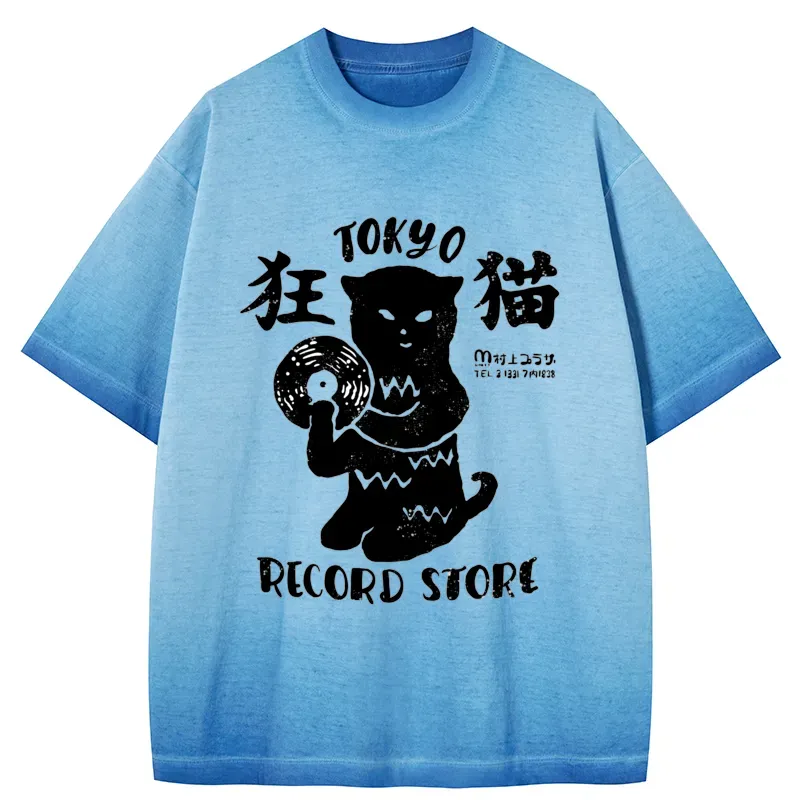 Tokyo-Tiger Tokyo Record Store Cat CD Gradient Washed T-Shirt