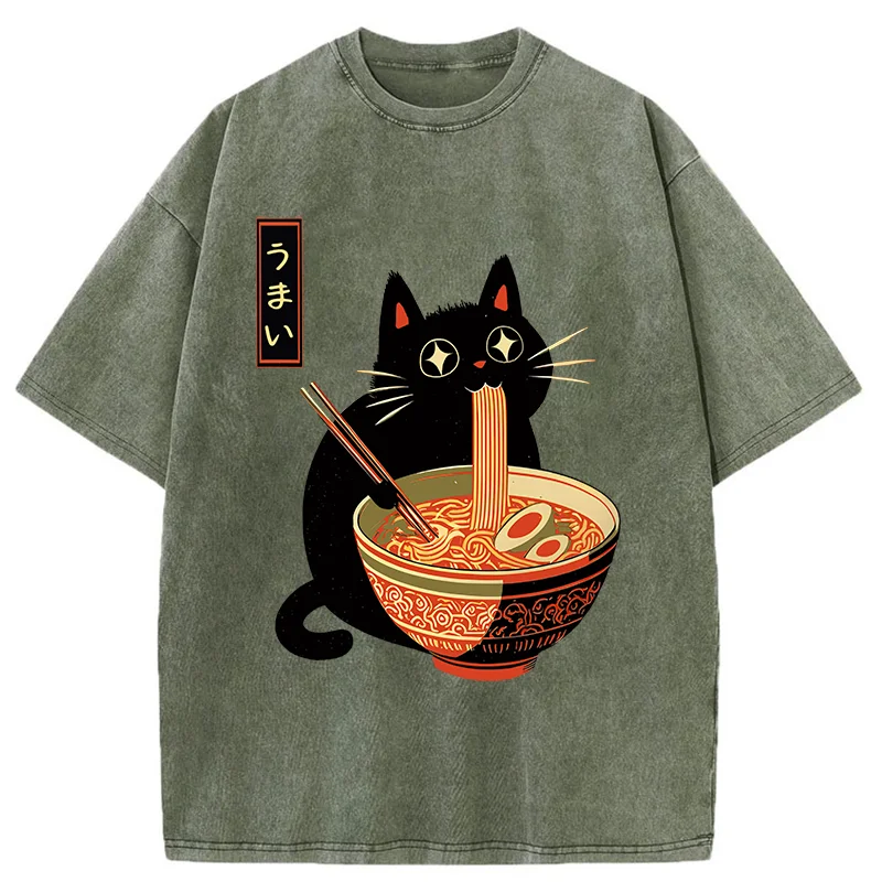 Tokyo-Tiger Cat Eats Super Delicious Ramen Washed T-Shirt