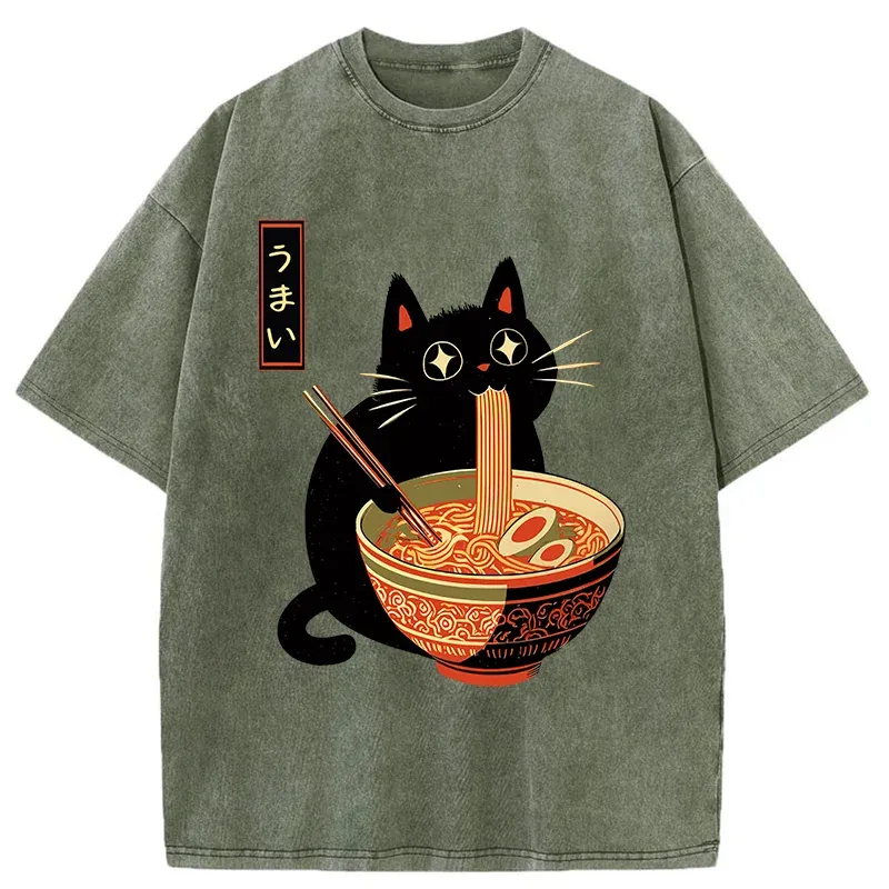 Tokyo-Tiger Cat Eats Super Delicious Ramen Washed T-Shirt
