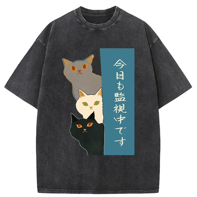 Tokyo-Tiger Cats Secretly Watching Washed T-Shirt