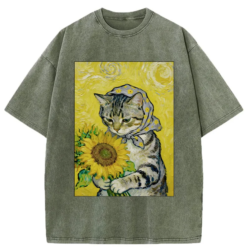 Tokyo-Tiger Cat Is Picking Sunflowers Washed T-Shirt