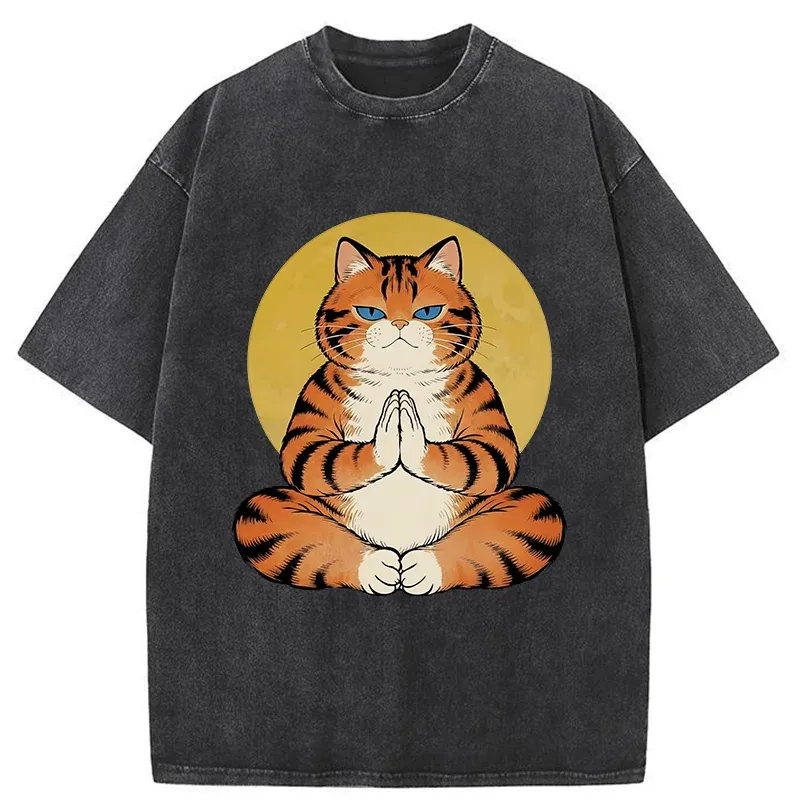 Tokyo-Tiger Meditating Orange Cat Washed T-Shirt Sale