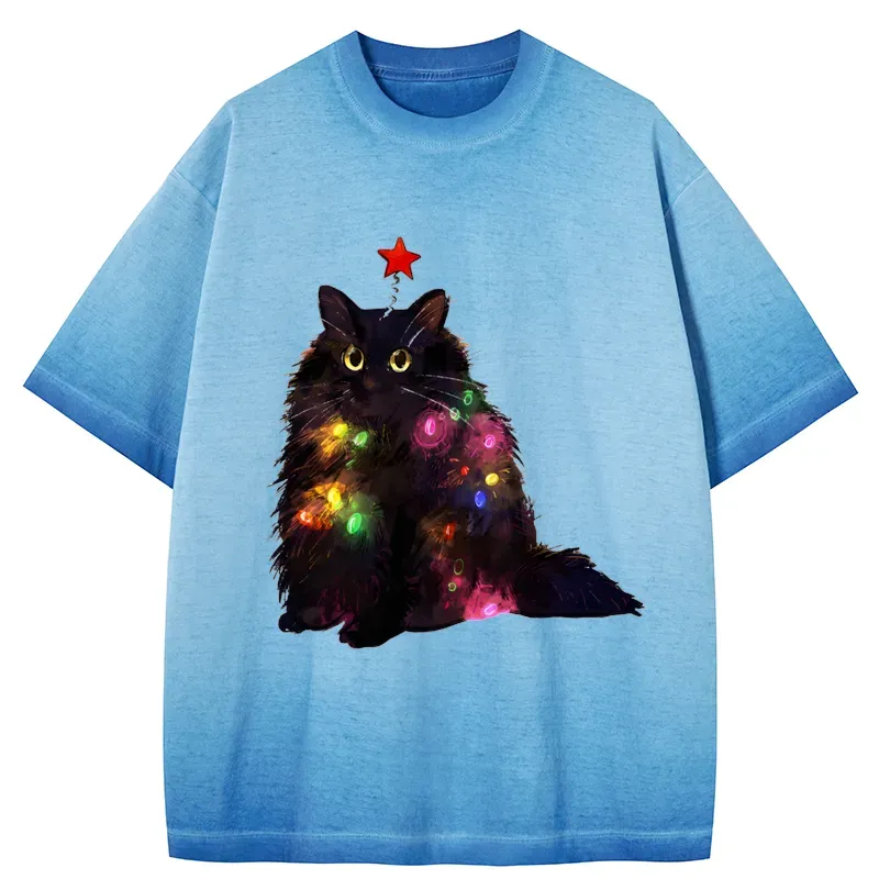 Tokyo-Tiger Christmas Lights Cat Gradient Washed T-Shirt