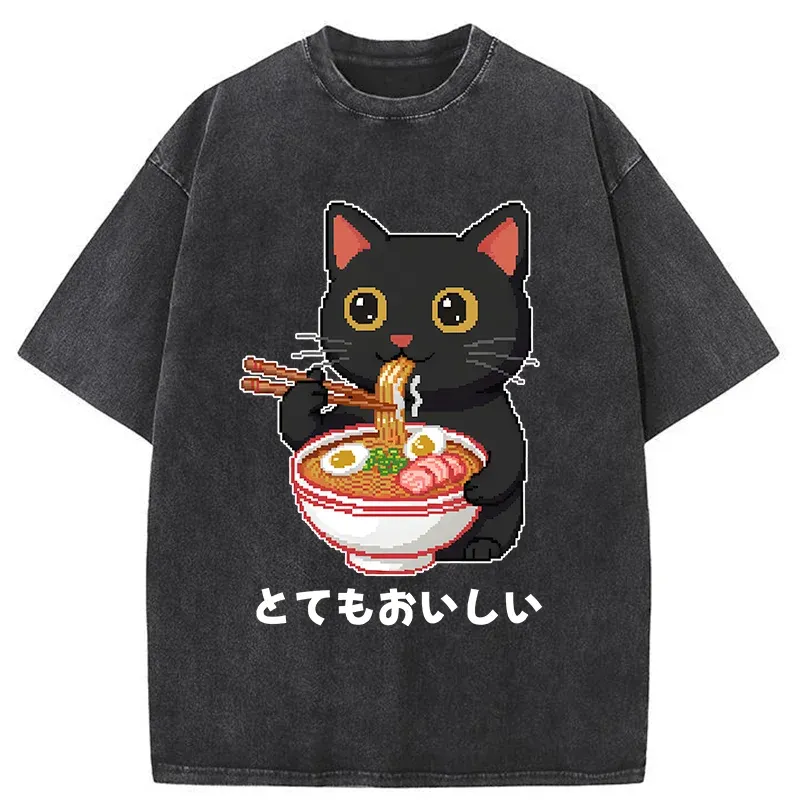 Tokyo-Tiger Black Cat Eats Ramen Pixel Art Style Washed T-Shirt