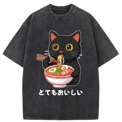 Tokyo-Tiger Black Cat Eats Ramen Pixel Art Style Washed T-Shirt