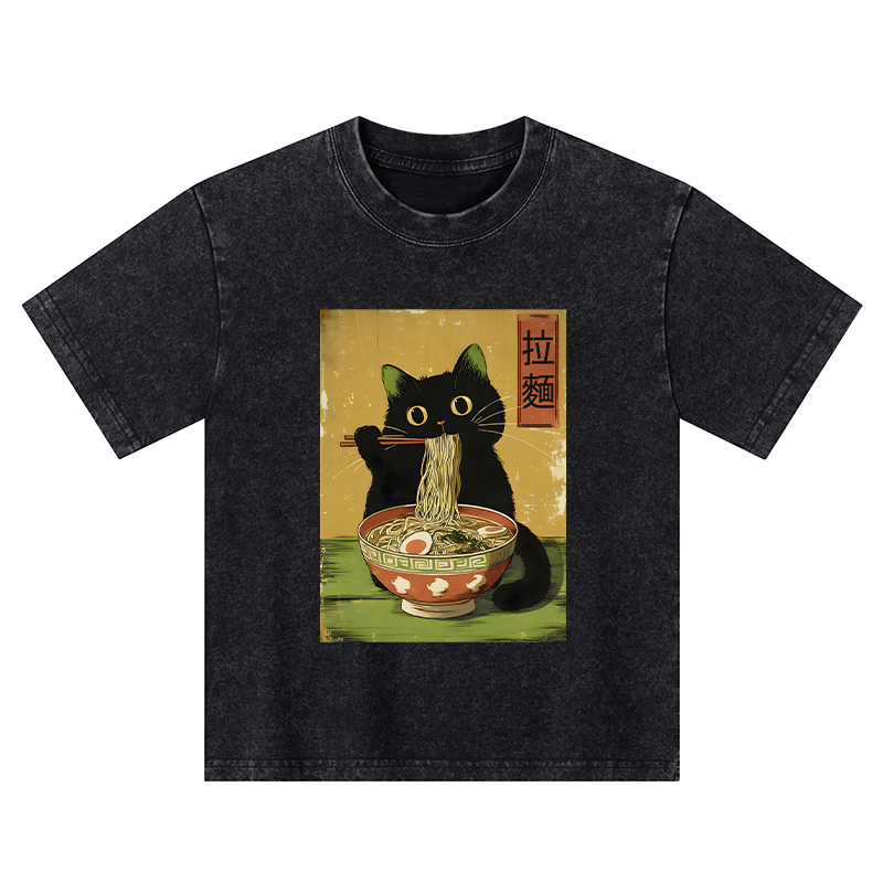 Tokyo-Tiger Vintage Japanese Cat Eating Ramen Kids Washed T-Shirt