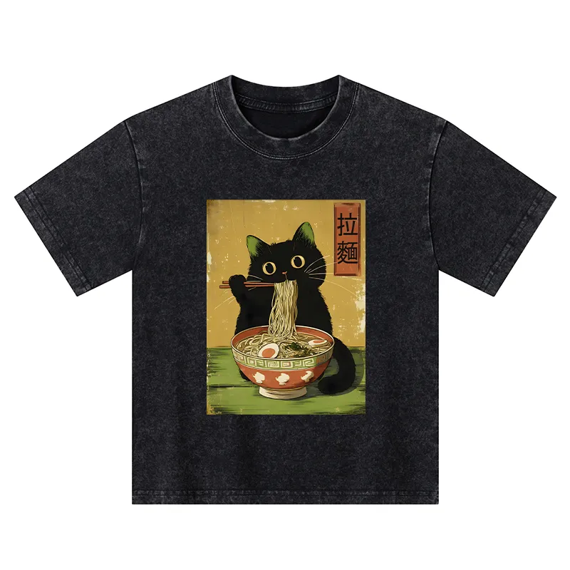 Tokyo-Tiger Vintage Japanese Cat Eating Ramen Kids Washed T-Shirt