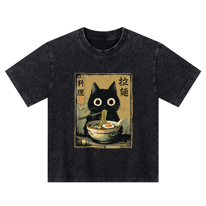 Tokyo-Tiger Cute Black Cat Eating Ramen Japan Kids Washed T-Shirt