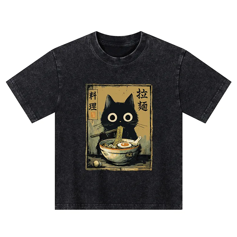 Tokyo-Tiger Cute Black Cat Eating Ramen Japan Kids Washed T-Shirt