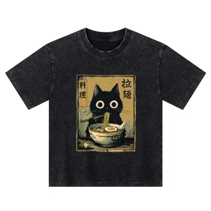Tokyo-Tiger Cute Black Cat Eating Ramen Japan Kids Washed T-Shirt