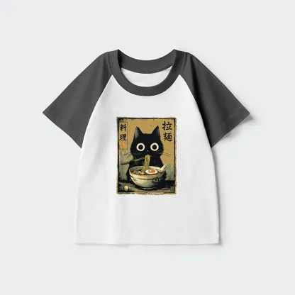 Tokyo-Tiger Cute Black Cat Eating Ramen Japan Kids Raglan T-shirt