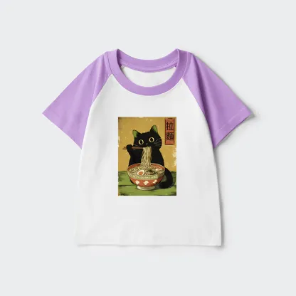 Tokyo-Tiger Vintage Japanese Cat Eating Ramen Kids Raglan T-shirt