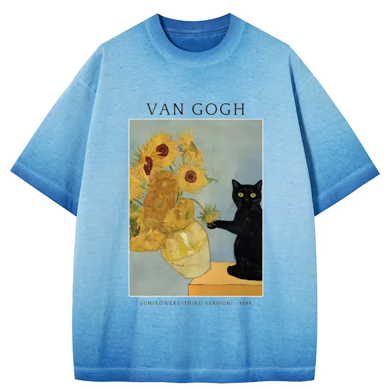 Tokyo-Tiger Black Cat With Sunflowers Gradient Washed T-Shirt