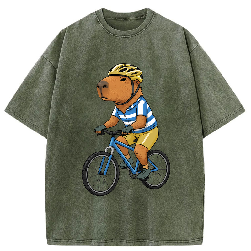 Tokyo-Tiger Capybara Riding A Bicycle Washed T-Shirt