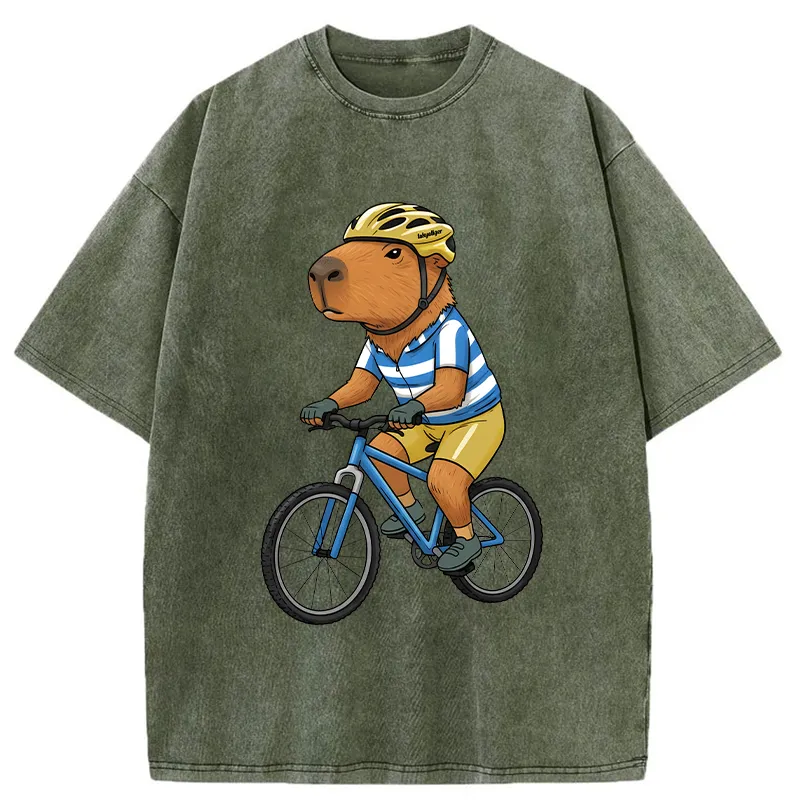Tokyo-Tiger Capybara Riding A Bicycle Washed T-Shirt
