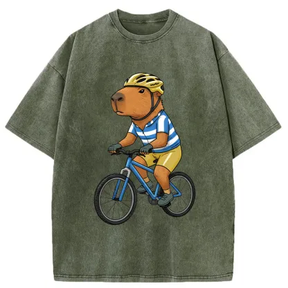 Tokyo-Tiger Capybara Riding A Bicycle Washed T-Shirt