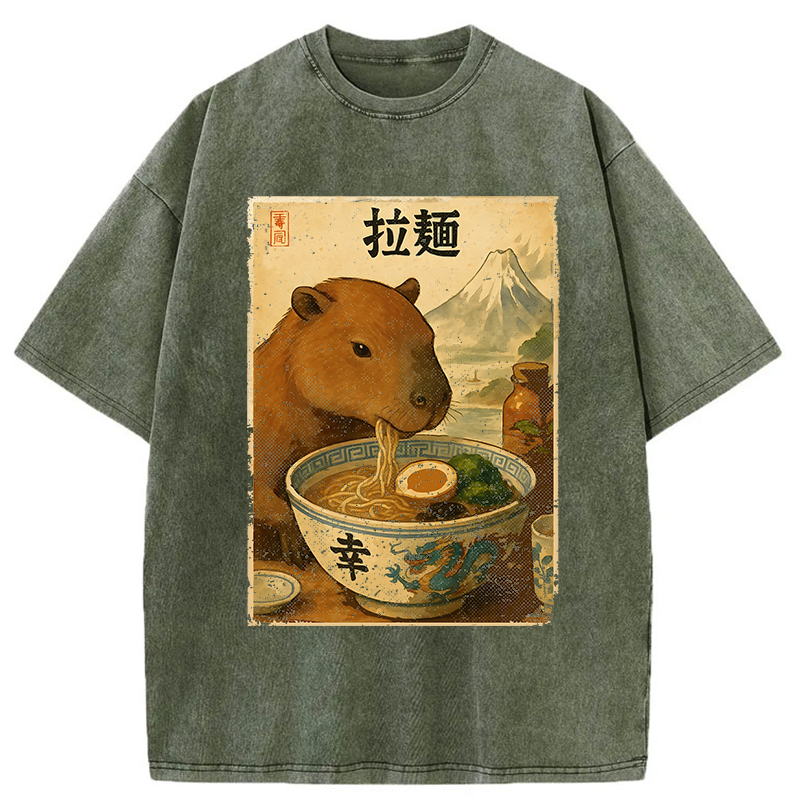Tokyo-Tiger Capybara Eating Japan Ramen Washed T-Shirt