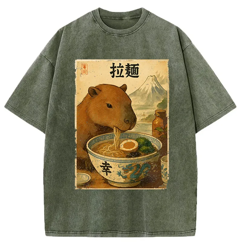 Tokyo-Tiger Capybara Eating Japan Ramen Washed T-Shirt