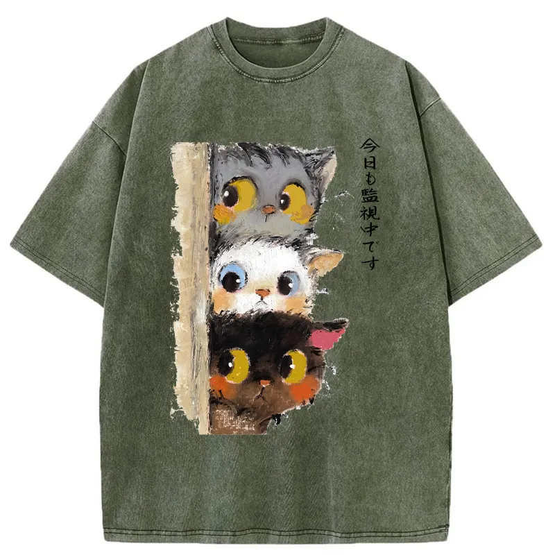 Tokyo-Tiger Three Cats Secretly Monitor Their Owner Washed T-Shirt Sale