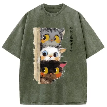 Tokyo-Tiger Three Cats Secretly Monitor Their Owner Washed T-Shirt