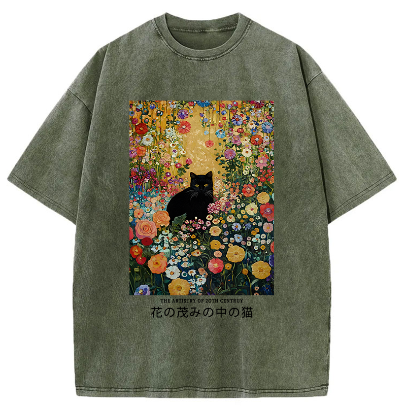 Tokyo-Tiger Black Cat In The Flower Bushes Washed T-Shirt