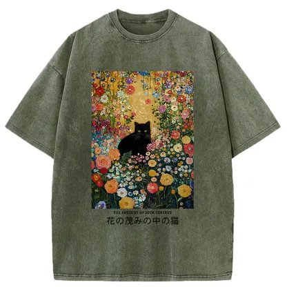 Tokyo-Tiger Black Cat In The Flower Bushes Washed T-Shirt