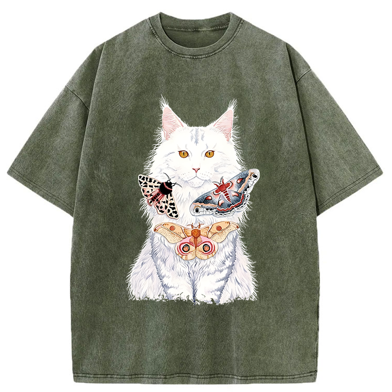 Tokyo-Tiger Elegant White Cat Washed T-Shirt