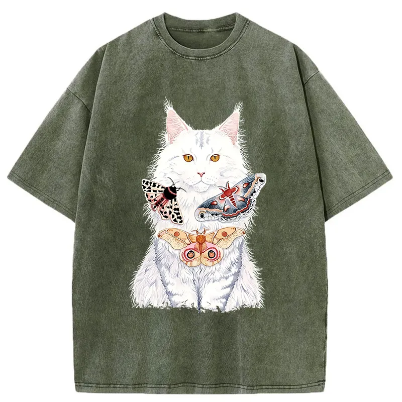 Tokyo-Tiger Elegant White Cat Washed T-Shirt