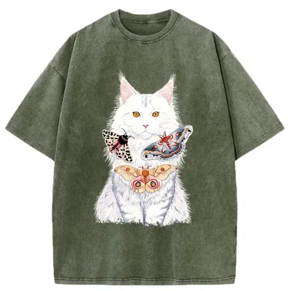 Tokyo-Tiger Elegant White Cat Washed T-Shirt