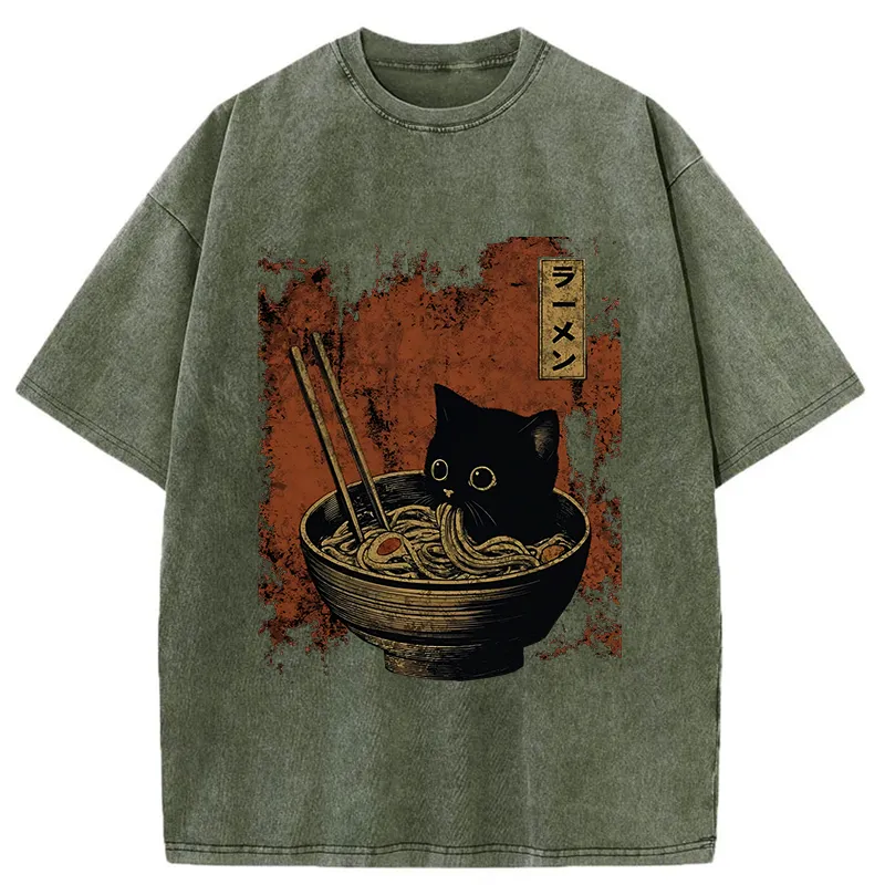 Tokyo-Tiger Retro Cat Eating Japan Ramen Washed T-Shirt