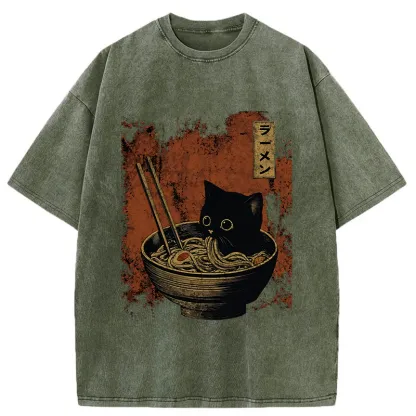 Tokyo-Tiger Retro Cat Eating Japan Ramen Washed T-Shirt